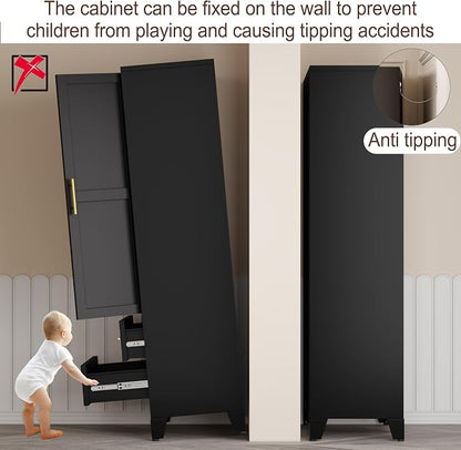 erosoei Metal Armoire Wardrobe Closet, 71 "Metal Clothing Storage Cabinet | with Mirror and Adjustable Shelves, Household Steel Wardrobe Storage Cabinet with 2 Drawers and Hanging Rod(Armoire-Black)
