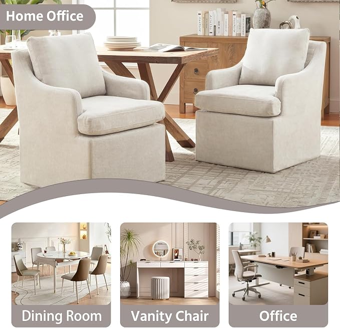 VKNOW Upholstered Dining Chairs Set of 4, Modern Kitchen Chairs Dinner Chairs with 4 Casters, Chenille Armchair for Bedroom Reading Room Living Room, Beige