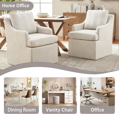 VKNOW Upholstered Dining Chairs Set of 4, Modern Kitchen Chairs Dinner Chairs with 4 Casters, Chenille Armchair for Bedroom Reading Room Living Room, Beige