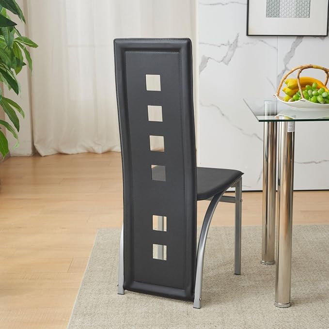 Karl home Dining Chairs Set of 4, PU Leather & Hollow High Back, Black | Black kitchen chairs with padded seats & foot cap protection for dining kitchen living room,300lbs capacity,space-saving