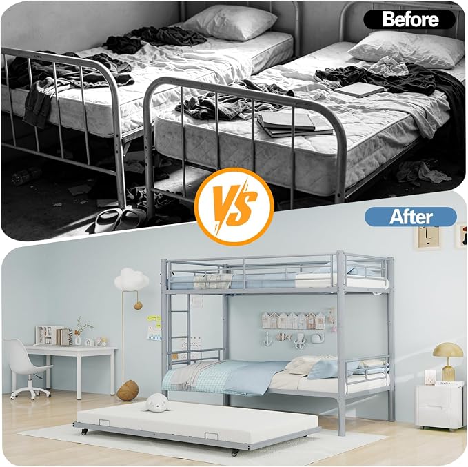 Metal Bunk Bed with Trundle, Space-Saving Bunk Bed Twin Over Twin with Ladders and Safety Guardrail, Heavy Duty Twin Bed Frames, No Box Spring Needed and Noise Free(Silver)