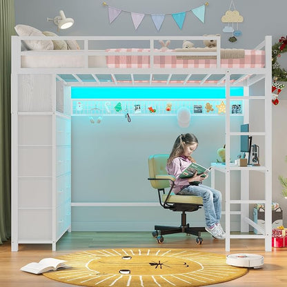 ADORNEVE Twin Size Loft Bed with Desk and 8 Storage Drawers, Metal Kids Loft Bed Twin with LED Lights & Charging Sation, Storage Shelves, 13.1" H Safety Guard & Ladder, No Box Spring Needed, White