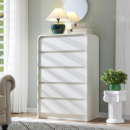 Aitjunz Modern 5 Drawers Dresser for Bedroom, 45" Tall Dressers & Chests of Drawers w/Curved Profile Design, Wood Mid Century Vertical Dresser w/Natural Texture for Bedroom, Living Room, Antique White