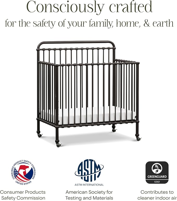 Namesake Winston 4-in-1 Convertible Mini Crib w/Wheels Durable Metal | GREENGUARD Gold Certified - Portable, Metal Baby Crib w/ Removable Wheels - Converts to Toddler Bed, Daybed & Twin Size Bed