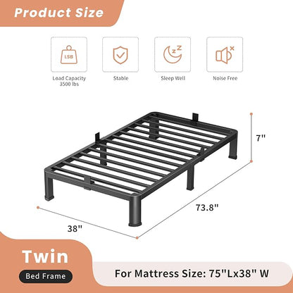 VIPSHOW 7 Inch Twin Heavy Duty 3500 lbs Bed Frame with Round-Corner Legs & Anti-Squeak Design – Quick Assembly Metal Platform, No Box Spring Needed