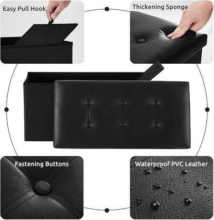 YOUDENOVA Folding Storage Ottoman, Faux Leather Ottoman Bench Footrest Ottoman, Storage Chest Padded Seat for Bedroom and Living Room, Black, 15" D x 30" W x 15" H