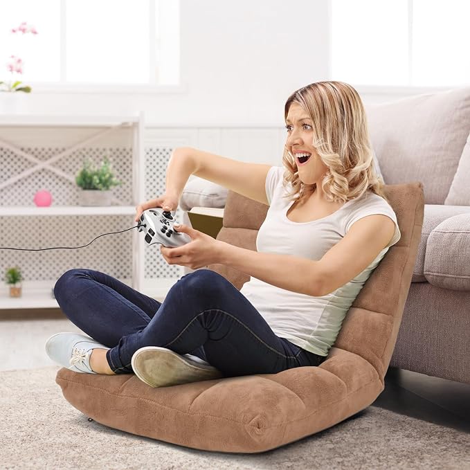 14-Position Floor Sofa, Folding Gaming Sofa Chair, Comfy Cushions & Study Steel Frame, Angle Adjustable Sleeper Bed, Couch Recliner (Tan)