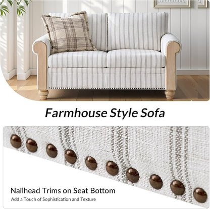 Farmhouse Loveseat with Rolled Arms,Stripe Modern Sofa with Brushed Wood Gourd Feet & Copper Nailhead Trim, Linen Fabric Upholstered Couches for Living Room