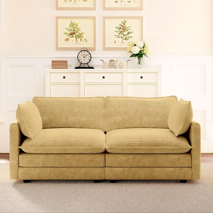 ROWHY 78'' Sectional 2 Seat Cloud Loveseat with 2 Throw Pillows, Modern Corduroy Love Seat, Convertible Cozy Sofa for Living Room, Bedroom and Office, Yellow