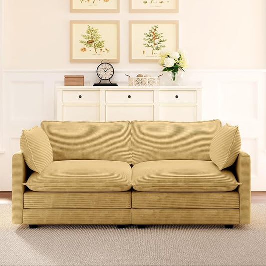 ROWHY 78'' Sectional 2 Seat Cloud Loveseat with 2 Throw Pillows, Modern Corduroy Love Seat, Convertible Cozy Sofa for Living Room, Bedroom and Office, Yellow