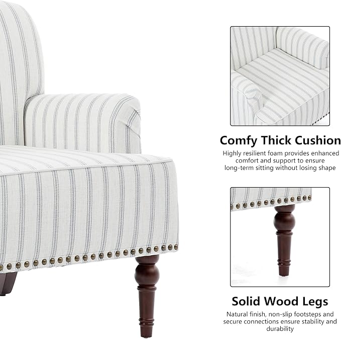 Accent Chair, Mid Century Modern Comfy Armchair for Living Room, Linen Fabric Single Sofa Lounge for Reading Bedroom Apartment Waiting Room with Wood Legs (Pinstripe Light Blue, Set of 2)
