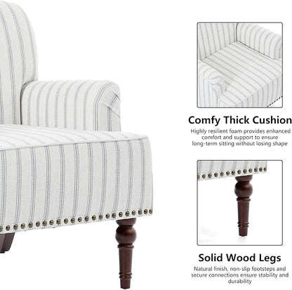 Accent Chair, Mid Century Modern Comfy Armchair for Living Room, Linen Fabric Single Sofa Lounge for Reading Bedroom Apartment Waiting Room with Wood Legs (Pinstripe Light Blue, Set of 1)