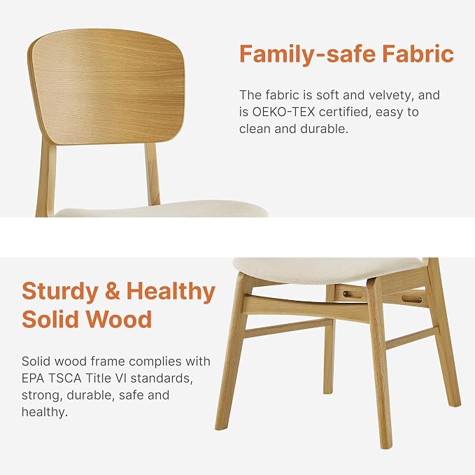 KISLOT Wooden Dining Chairs Set of 4, Upholstered Modern Dining Room Chairs, Mid Century Oak Kitchen Chairs with Ergonomic Wood Backrest for Farmhouse, Restaurant, Café (Cream Fabric & Original Color)