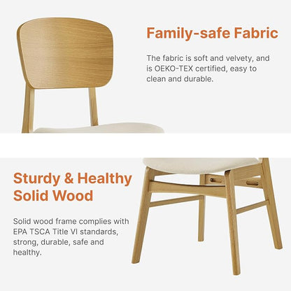 KISLOT Wooden Dining Chairs Set of 4, Upholstered Modern Dining Room Chairs, Mid Century Oak Kitchen Chairs with Ergonomic Wood Backrest for Farmhouse, Restaurant, Café (Cream Fabric & Original Color)
