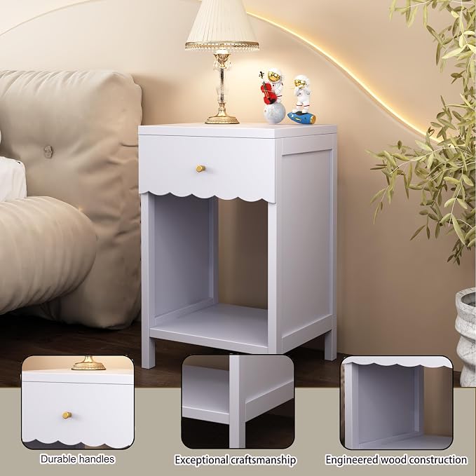 Cute Nightstand with Drawer and Open Shelf, Scalloped Edge Design Bedroom Bedside Table, Wood End Table for Kids Girls Bedroom, Light Purple