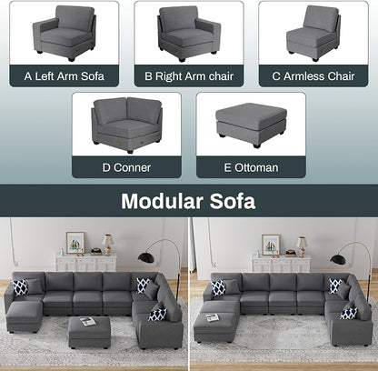 Legend Vansen Oversized Modular Sectional Sofa,U/L‑Shaped Reversible Couch with Ottoman,Deep Seat Plush Polyester Sofa for Living Room,9‑Seater,Dark Grey