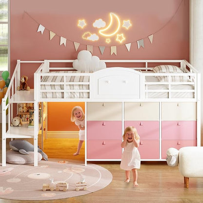 VIAGDO Low Loft Bed Full Size with 9 Storage Drawers and LED Lights, Metal Full Size Loft Bed with Stairway Shelf Storage, Low Loft Bed with Safety Guardrail and Under-Bed Hideaway for Kids, White