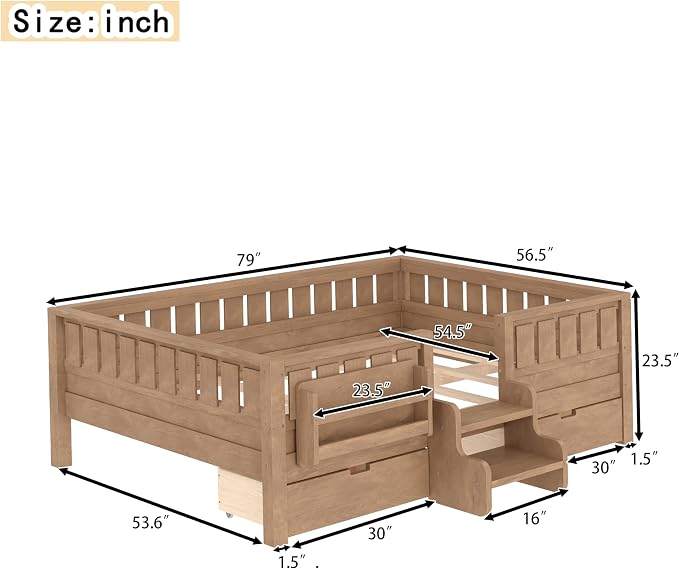 Bellemave Full Size Bed Frame with Storage Drawers & Bookshelf, Low Profile Kids Bed with Staircase & Full Length Guardrails, Solid Wood Full Size Bed Frame Kids with Slats Load 450 LBS, Oak Brown