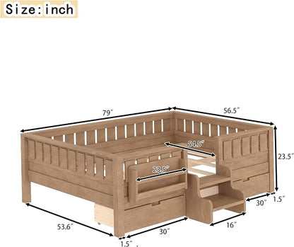 Bellemave Full Size Bed Frame with Storage Drawers & Bookshelf, Low Profile Kids Bed with Staircase & Full Length Guardrails, Solid Wood Full Size Bed Frame Kids with Slats Load 450 LBS, Oak Brown