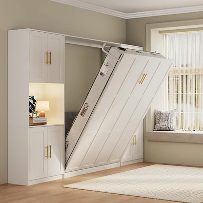Bobve Farmhouse Murphy Bed Queen, 85" Wall Bed Folds to Save Space, Concealed Bed Frame with 2 Storage Cabinets and Wall Mounted Features for Apartment/Office/Guest Room