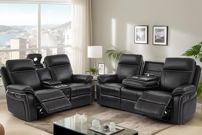 Power Reclining Sofa Set, Power Recliner Sofa and Loveseat Set with LED Light/Bluetooth Speakers, Electric Reclining Sofa Couch Living Room Set for Home, Office(Black, Sofa+Loveseat) | pu leather