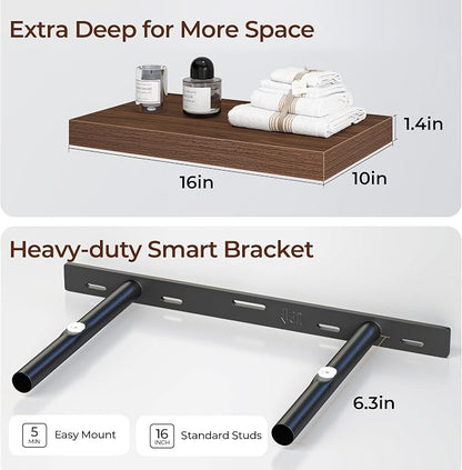 Fun Memories Floating Shelves for Wall 16 Inch Set of 3, Farmhouse Floating Shelves with Invisible Heavy Duty Bracket, 10 Inch Deep Bathroom Shelves for Storage, Living Room, Kitchen, Decor, Walnut