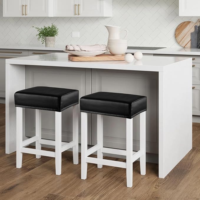 YISUN Stool Covers Rectangle - 4 Pack Stretch Waterproof Saddle Seat Cover Counter Bar Stools Bar Chairs Covers Kitchen Island Chairs Cushion Protector (2, PU Leather-Black)