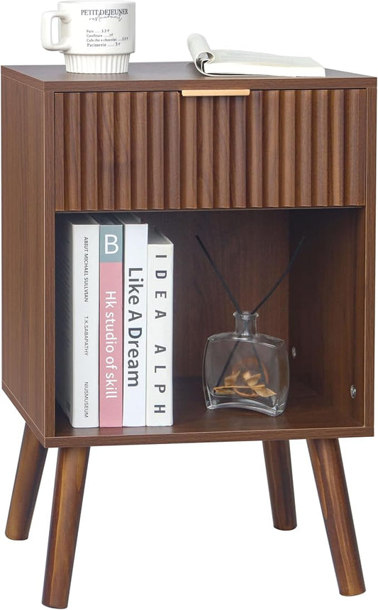 Fultyle Walnut Nightstand, Modern Night Stand with Fluted Drawer and Open Storage, Wooden Bedside Table with Solid Wood Legs for Bedroom, Living Room, Office (Walnut Brown)