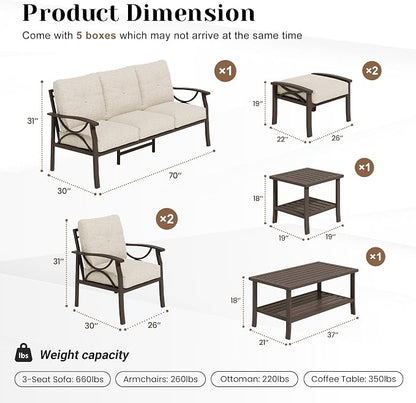 FansaFurn 7-Pieces Outdoor Patio Furniture Set, Outdoor Metal Sectional Furniture with Cushions, Outdoor Conversation Seating Set with Coffee Table for Backyard,Garden, Balcony, Deck, Backyard, Khaki