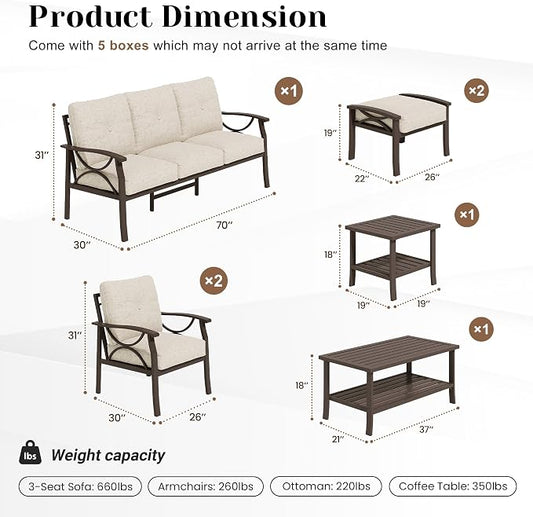 FansaFurn 7-Pieces Outdoor Patio Furniture Set, Outdoor Metal Sectional Furniture with Cushions, Outdoor Conversation Seating Set with Coffee Table for Backyard,Garden, Balcony, Deck, Backyard, Khaki