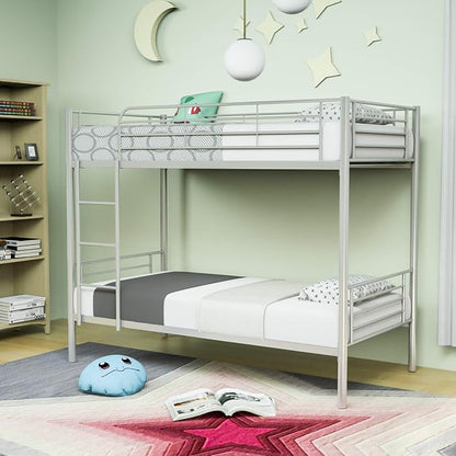 Metal Bunk Bed Twin Over Twin - with Removable Ladder and Guard Rail - Space Saving Design - Easy Assembly -Silver Grey