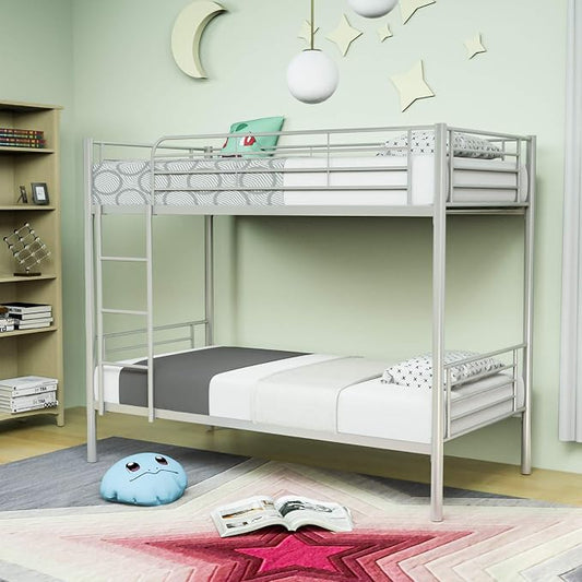 Metal Bunk Bed Twin Over Twin - with Removable Ladder and Guard Rail - Space Saving Design - Easy Assembly -Silver Grey