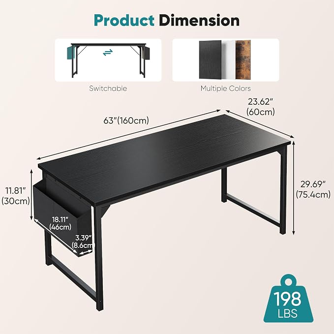 OLIXIS Computer Desk, 63 Inch Home Office Desks for Small Spaces, Writing Craft Study Gaming Table for Bedroom, Modern Computer Workstation with Storage Bag, Black