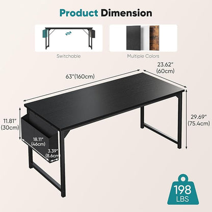 OLIXIS Computer Desk, 63 Inch Home Office Desks for Small Spaces, Writing Craft Study Gaming Table for Bedroom, Modern Computer Workstation with Storage Bag, Black