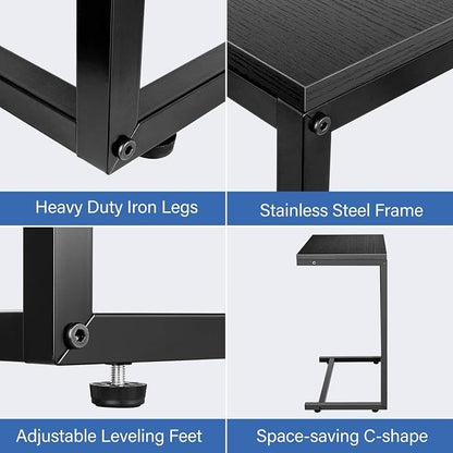 YSSOA Hardwood Surface C Shaped Sofa Side End Snack Desk, 13.75" x 21.75" x 27", Wooden, Black