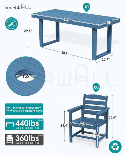 SERWALL HDPE Outdoor Dining Set for 6, 67'' Patio Table and Chairs Set | with Armchair Seat