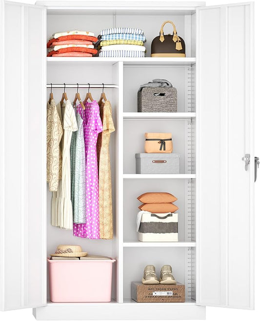 Greenvelly Metal Wardrobe Closet with Doors and Shelves,72" Armoire Wardrobe Closet for Hanging Clothes for Office, Bedroom, Laundry Room, School, Employee,Gym(White)