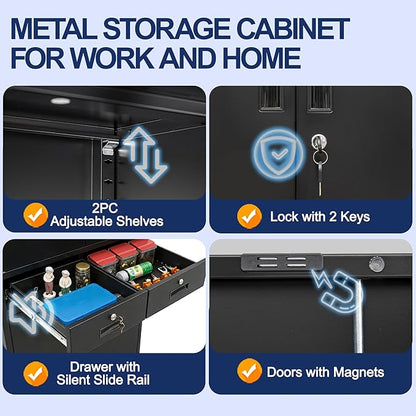 BESFUR Metal Storage Cabinet with 2 Drawers 4 Doors and 2 Adjustable Shelves Garage Storage Cabinet with Lock 71" Office Storage Cabinets Locking Cabinets for Garage Office Shop Home (Black)