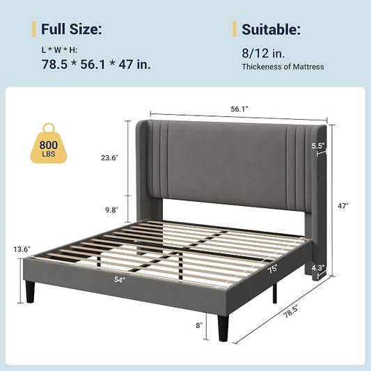 Allewie Full Size Velvet Platform Bed Frame with Vertical Tufted Wingback Headboard, Easy Assembly, Under Bed Storage, No Box Spring Required, Modern Style, Grey