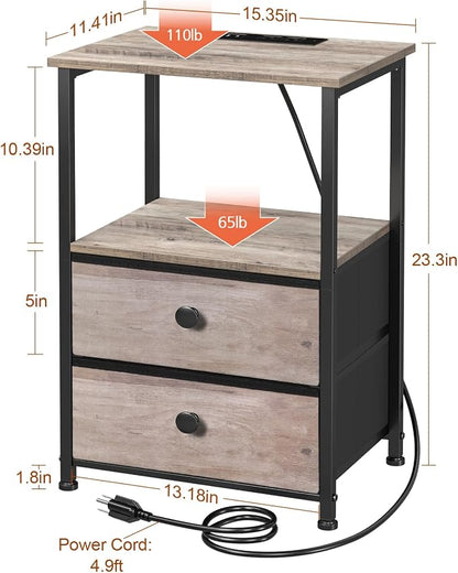 LOAKEKEL Night Stand Set 2, LED Nightstand with Charging Station, End Tables with Storage Shelf, Bedside Table with 2 Fabric Drawers for Bedroom, Small Spaces, Grey HETS02PGY