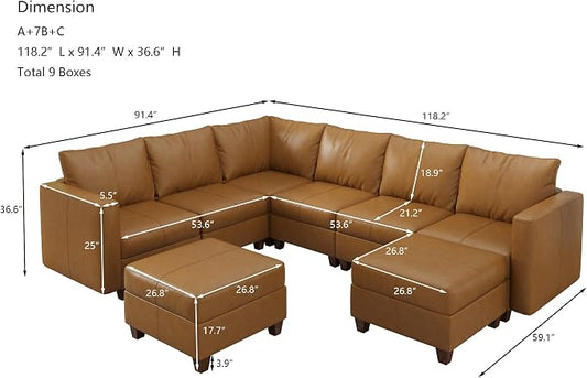 EASE MOOSE Leather Modualr Sectional Couch Sofa with Storage Ottomans,Faux Leather Sectional Sofa Brown U Shaped Modular Couch