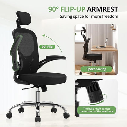 Office Chair, Ergonomic Desk Chair, 330LBS Capacity, High Back Computer Chair for Long Hours Comfortable, Rolling Swivel Executive Task Chair for Home Office with Flip-up Armrests
