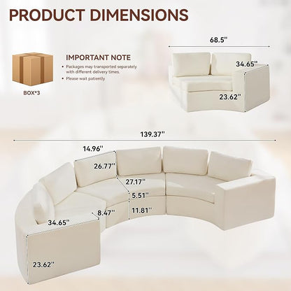 WUTUTUEE 139'' Curved Round Boneless Couch, Oversized Cloud Sofa with Deep Seat & Arms, Chenille Modular Sectional Sofa with Pillows, Upholstered Comfy 6 Seat Couch for Living Room, White