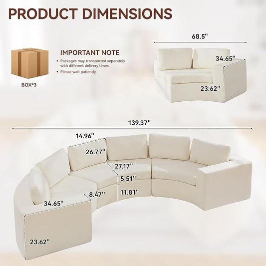 WUTUTUEE 139'' Curved Round Boneless Couch, Oversized Cloud Sofa with Deep Seat & Arms, Chenille Modular Sectional Sofa with Pillows, Upholstered Comfy 6 Seat Couch for Living Room, White