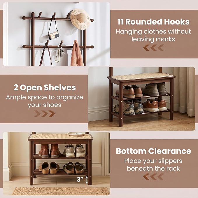 Giantex 3-in-1 Hall Tree with Bench and Shoe Storage, Bamboo Coat Rack Freestanding w/PE Rattan Bench, 11 Hanging Rods, 3 Tier Shoe Rack, Narrow Mudroom Storage Organizer for Entryway Bedroom, Brown