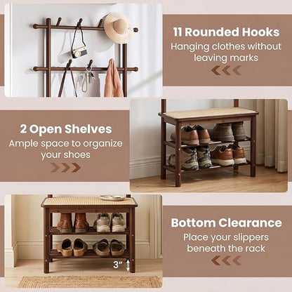 Giantex 3-in-1 Hall Tree with Bench and Shoe Storage, Bamboo Coat Rack Freestanding w/PE Rattan Bench, 11 Hanging Rods, 3 Tier Shoe Rack, Narrow Mudroom Storage Organizer for Entryway Bedroom, Brown