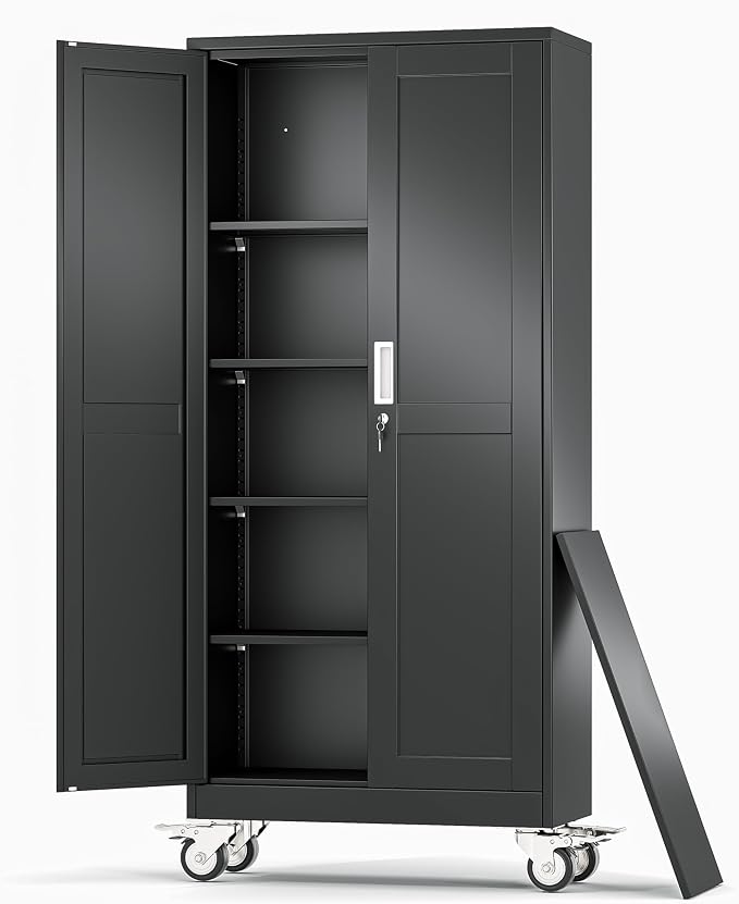 Metal Garage Storage Cabinet, 71”Tall Rolling Utility Cabinet Black | storage system with Wheels, Lock, 4 Adjustable Shelves, Heavy Duty Steel Tool Locker for Home Office, Utility Room, Gym