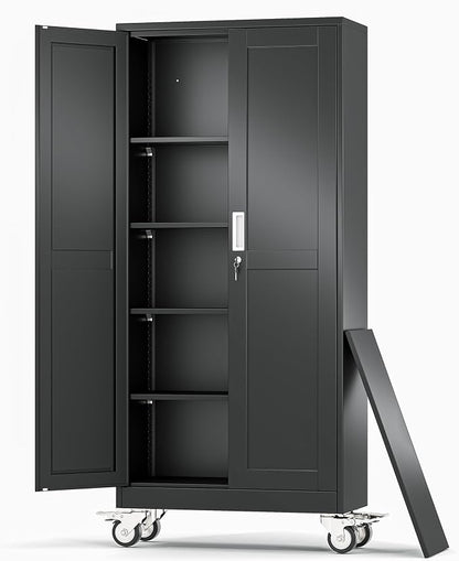 Metal Garage Storage Cabinet, 71”Tall Rolling Utility Cabinet Black | storage system with Wheels, Lock, 4 Adjustable Shelves, Heavy Duty Steel Tool Locker for Home Office, Utility Room, Gym