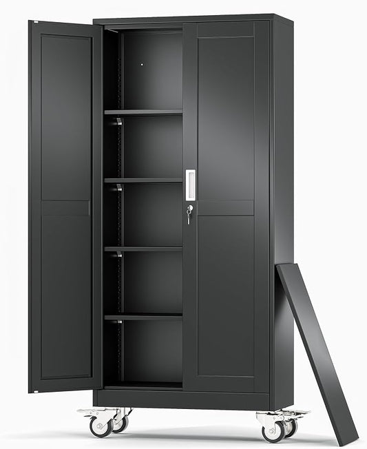 Metal Garage Storage Cabinet, 71”Tall Rolling Utility Cabinet Black | storage system with Wheels, Lock, 4 Adjustable Shelves, Heavy Duty Steel Tool Locker for Home Office, Utility Room, Gym