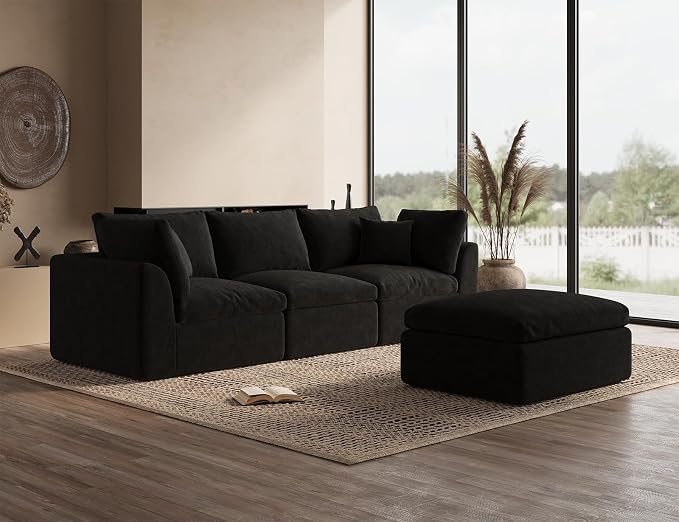 ohllob 110" Cloud Sectional Couches for Living Room, Boneless L-Shape Couch with Ottoman, 3 Seater Modular Sectional Sofa, Black